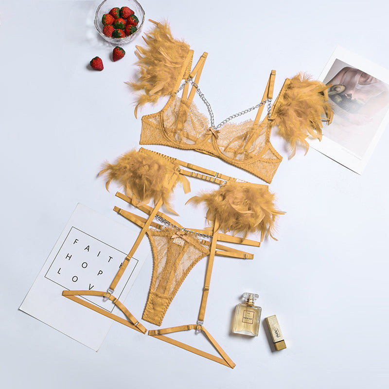 Feather Sexy Lingerie with Chain Lace Transparent Mesh Set for Women