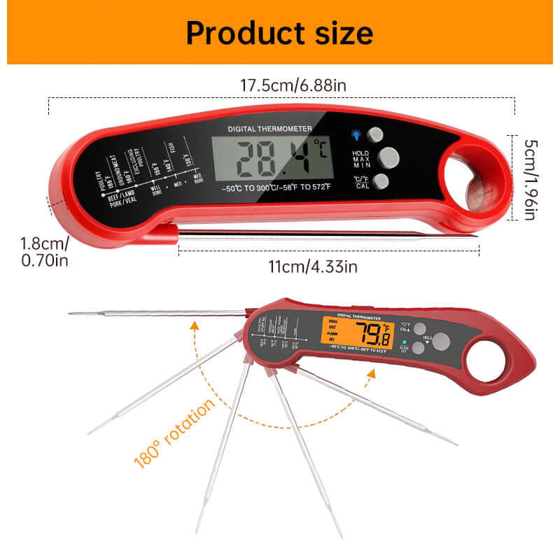 Foldable IP7 dual probe digital thermometer with size measurements for cooking, BBQ, grilling, and kitchen use.