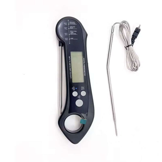 Foldable IP7 dual probe digital thermometer for cooking, BBQ, meat grilling, with stainless steel probes.