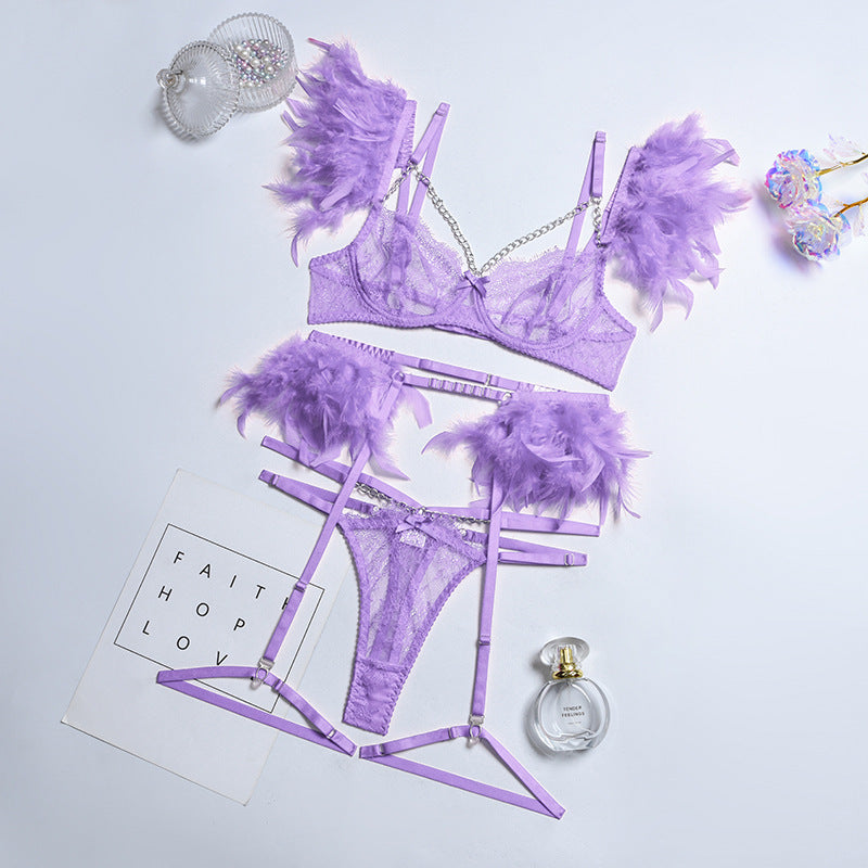Feather Sexy Lingerie with Chain Lace Transparent Mesh Set for Women