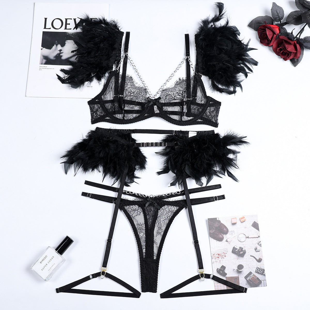 Feather Sexy Lingerie with Chain Lace Transparent Mesh Set for Women