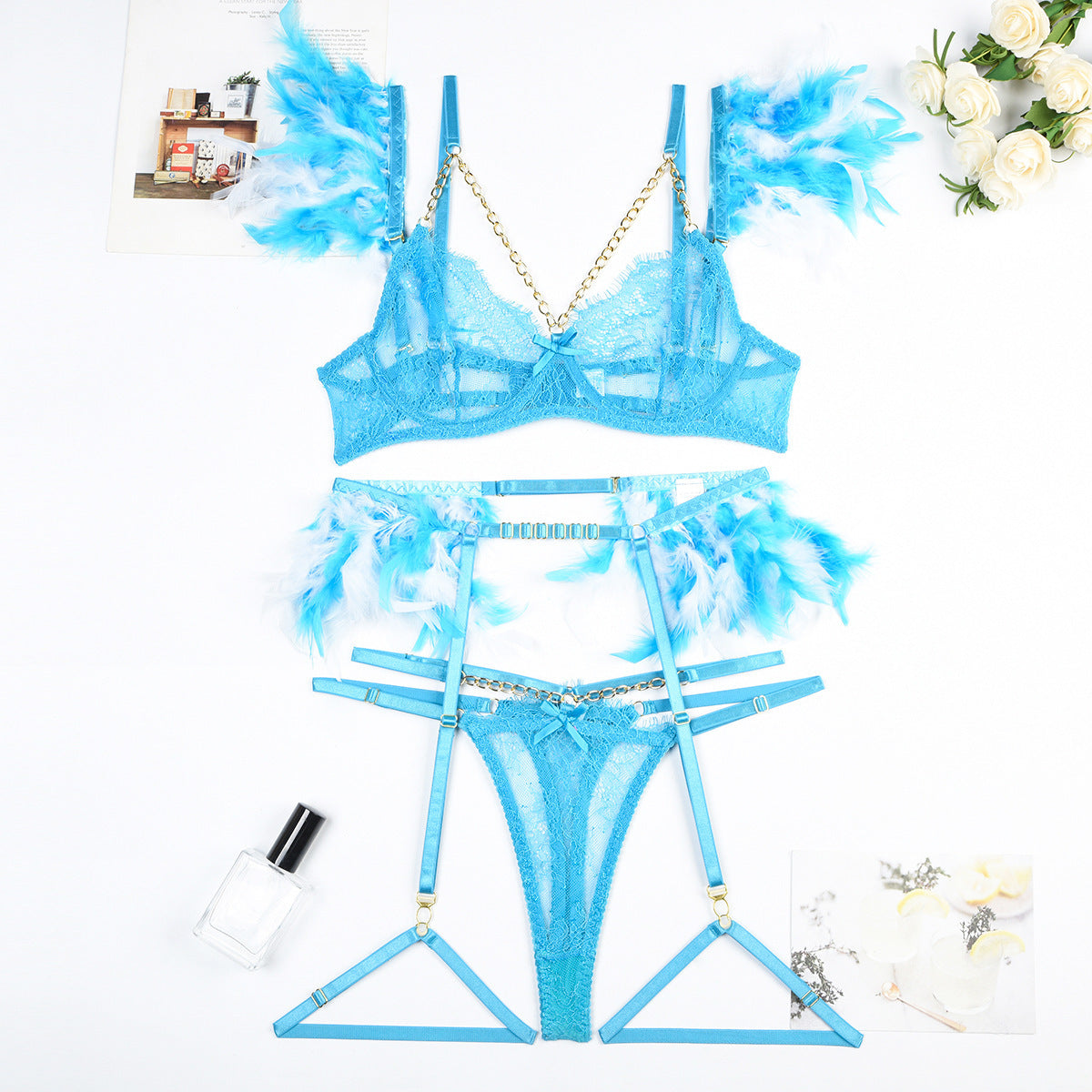 Feather Sexy Lingerie with Chain Lace Transparent Mesh Set for Women