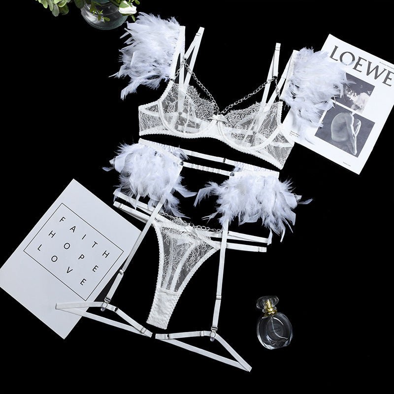 Feather Sexy Lingerie with Chain Lace Transparent Mesh Set for Women