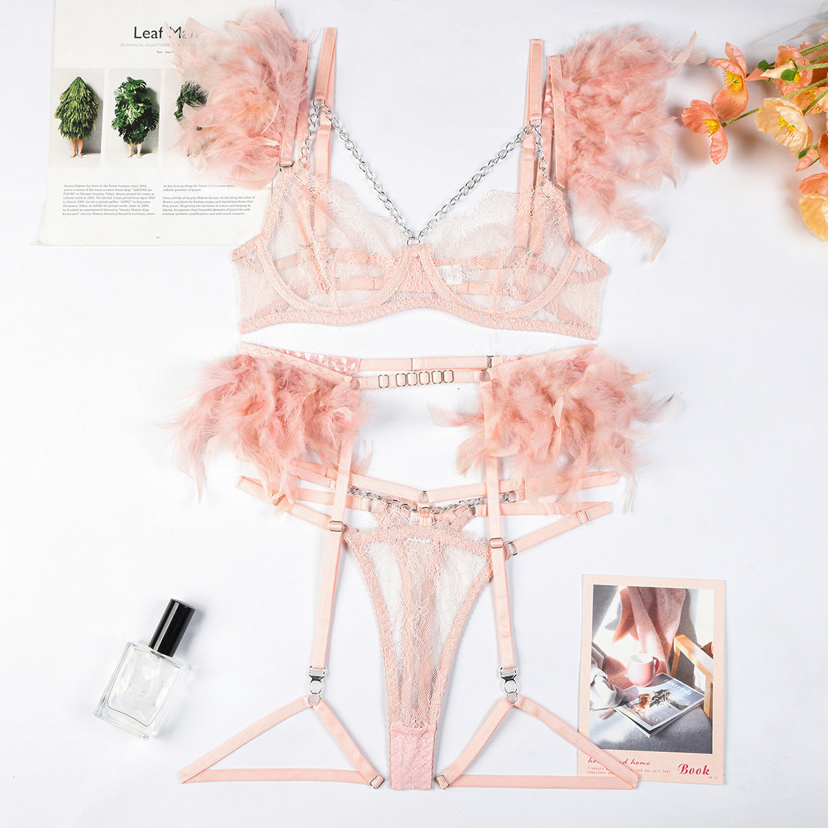 Feather Sexy Lingerie with Chain Lace Transparent Mesh Set for Women