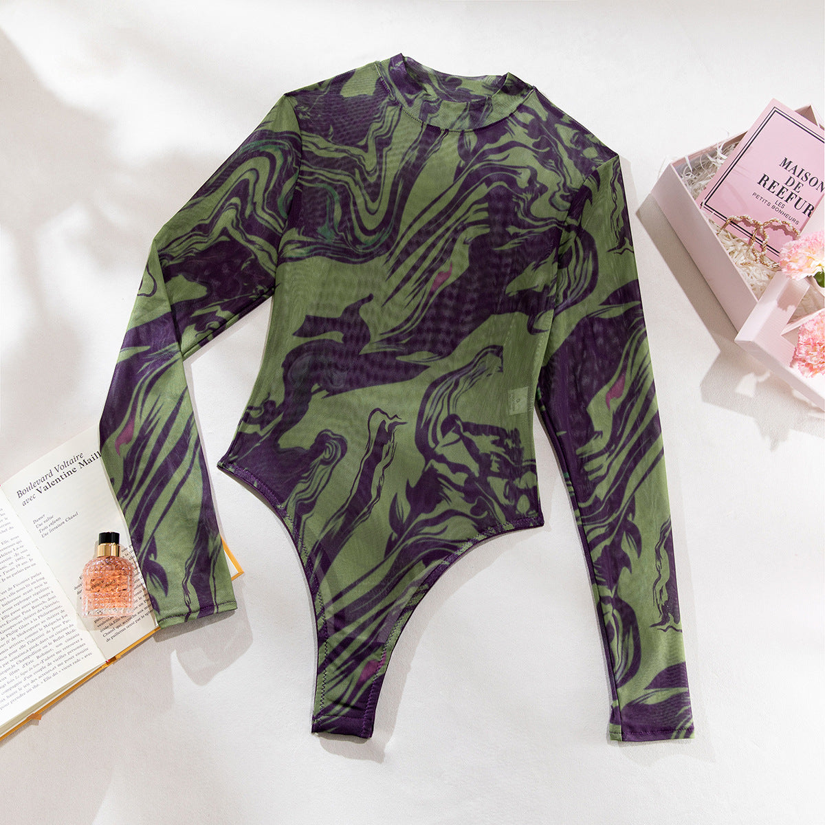 Tie-dye Sexy Underwear Bodysuit with Outerwear Mesh Bodysuit