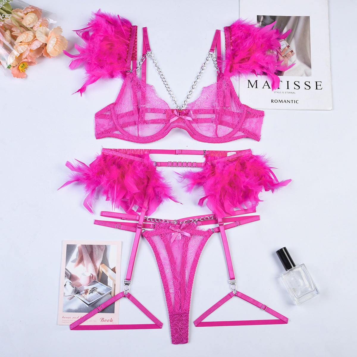 Feather Sexy Lingerie with Chain Lace Transparent Mesh Set for Women