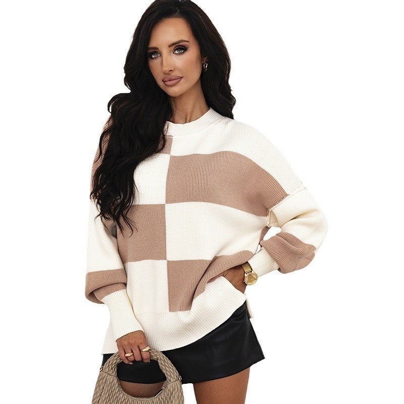 Autumn and Winter Loose Drop Shoulder Knit Sweater Women's Fashion Checkerboard Color Block Round Neck Sweater