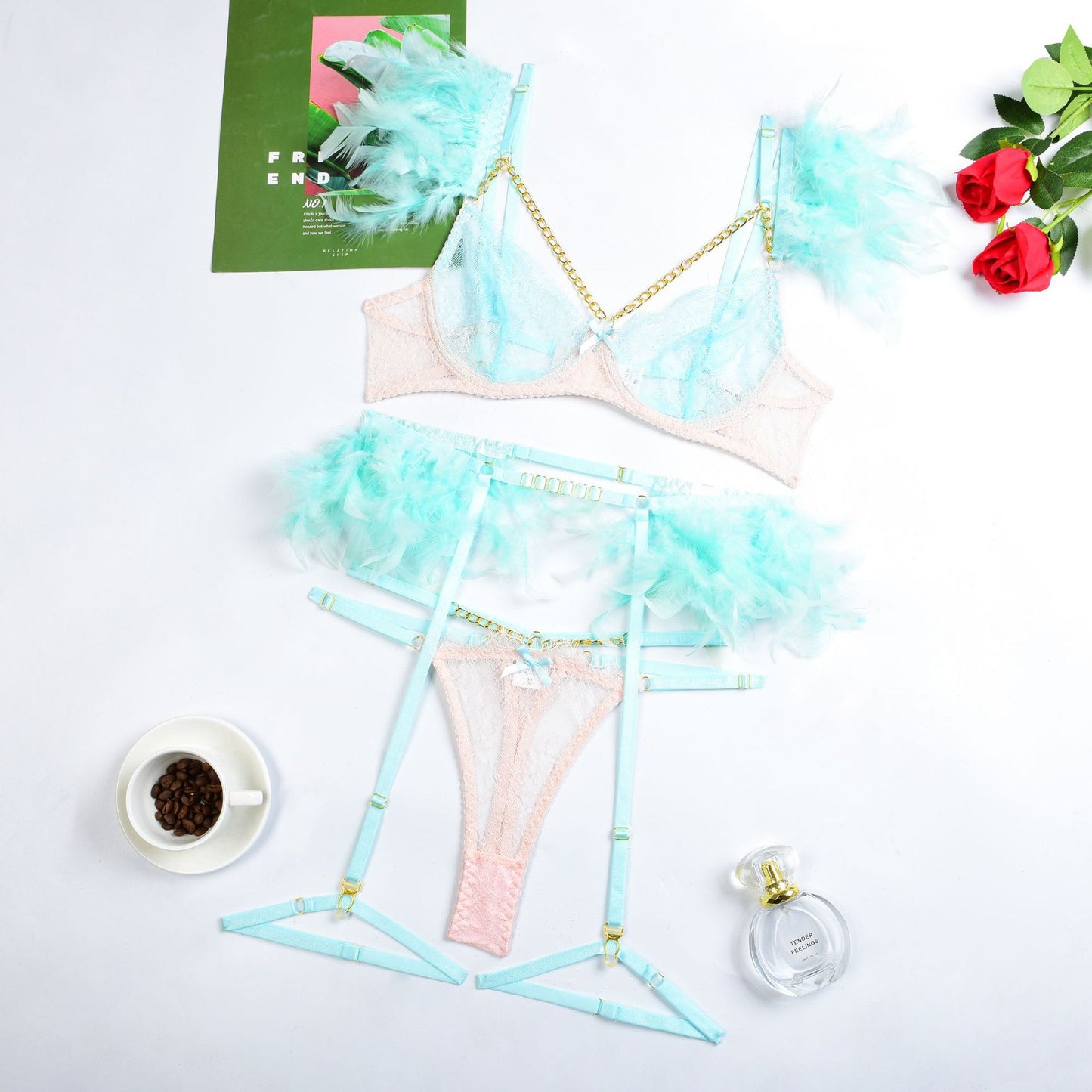 Feather Sexy Lingerie with Chain Lace Transparent Mesh Set for Women