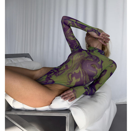 Tie-dye Sexy Underwear Bodysuit with Outerwear Mesh Bodysuit