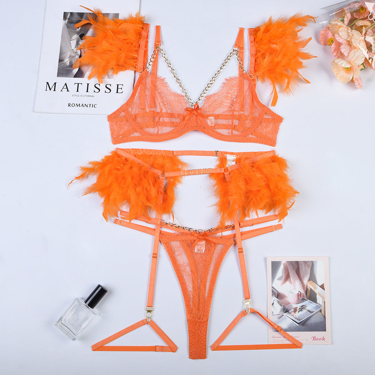 Feather Sexy Lingerie with Chain Lace Transparent Mesh Set for Women