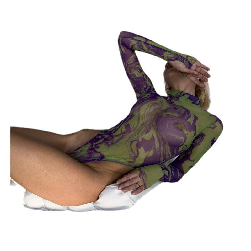 Tie-dye Sexy Underwear Bodysuit with Outerwear Mesh Bodysuit